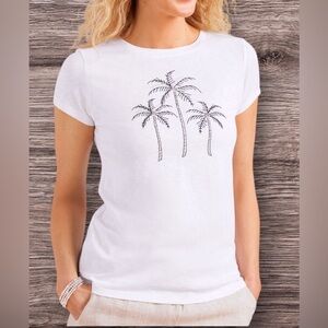 Talbots Embellished Palm Trees Crew Neck White Tee Sequins Beads Size L